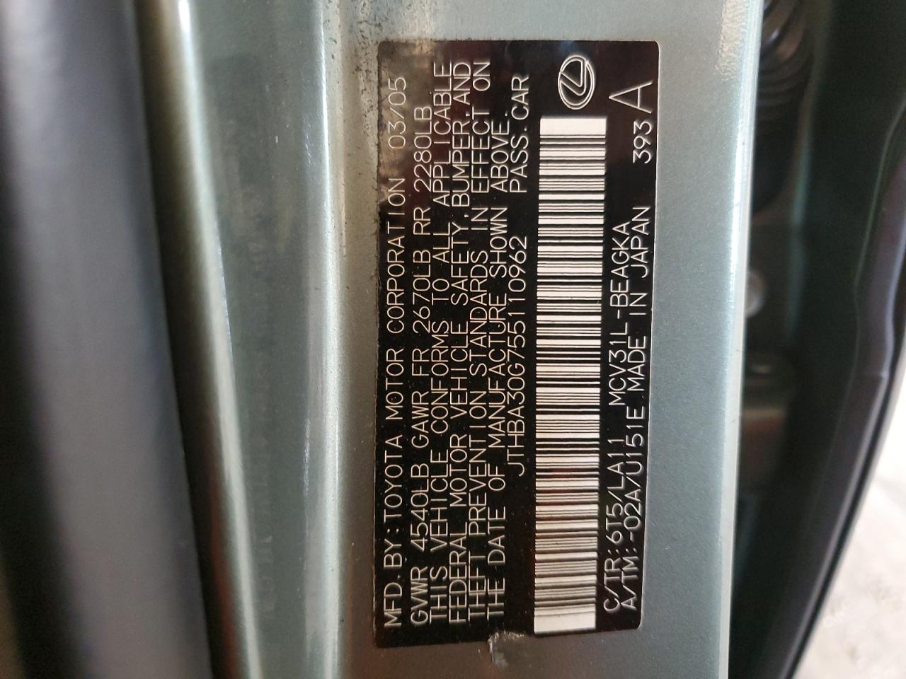 JTHBA30G755110962 2005 Lexus Es 330