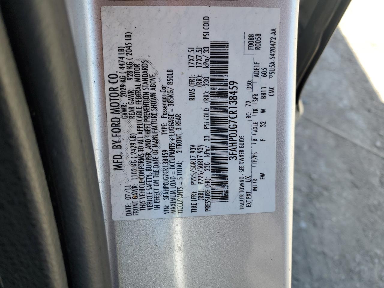 3FAHP0JG7CR138459 2012 Ford Fusion Sel