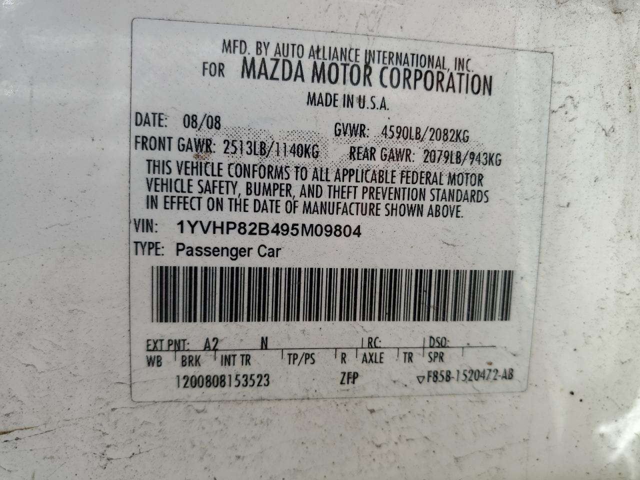 1YVHP82B495M09804 2009 Mazda 6 S