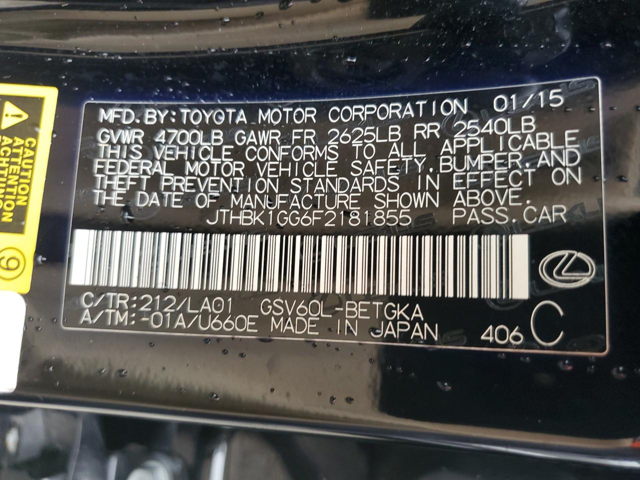 JTHBK1GG6F2181855 2015 Lexus Es 350