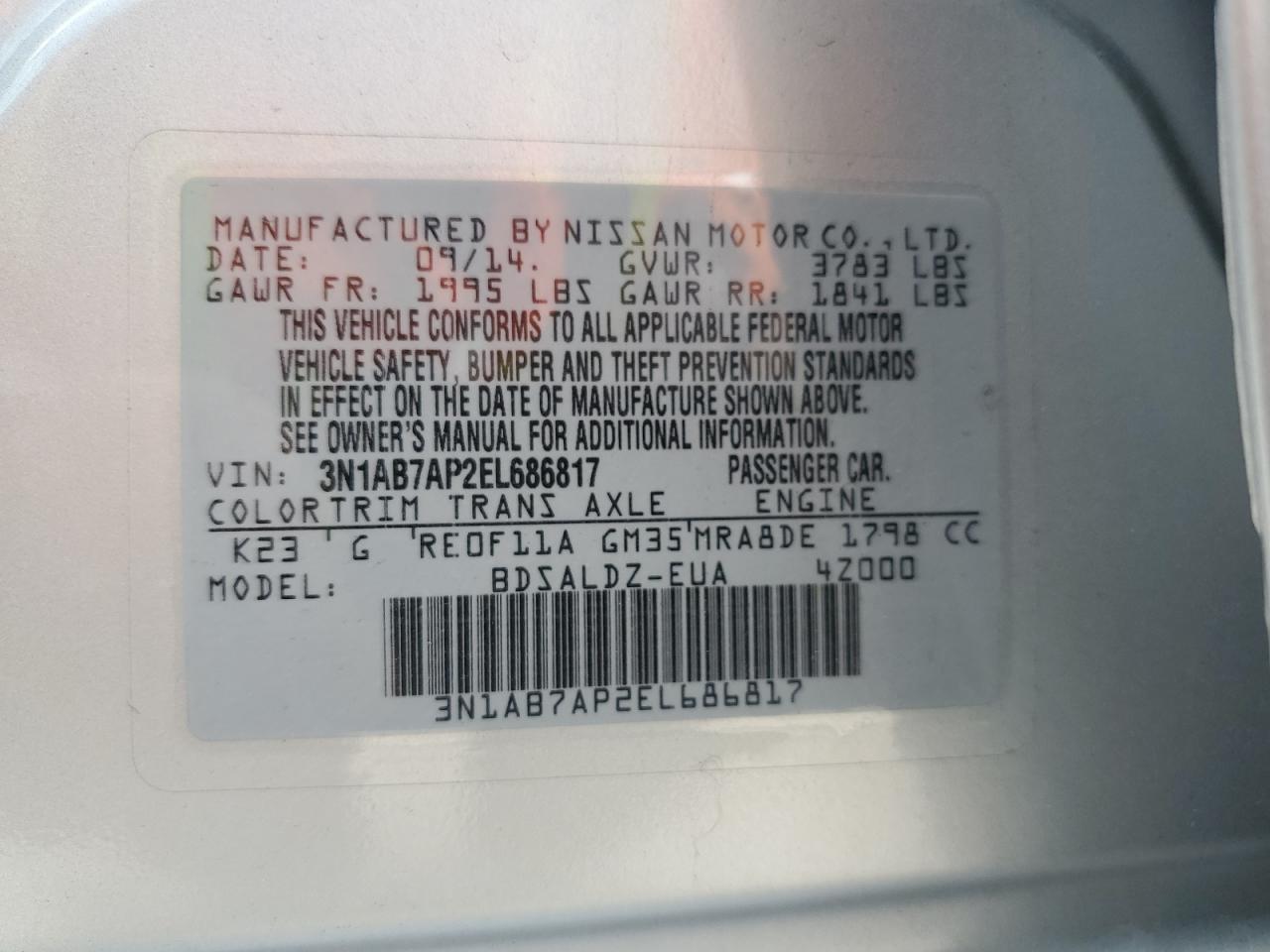 3N1AB7AP2EL686817 2014 Nissan Sentra S