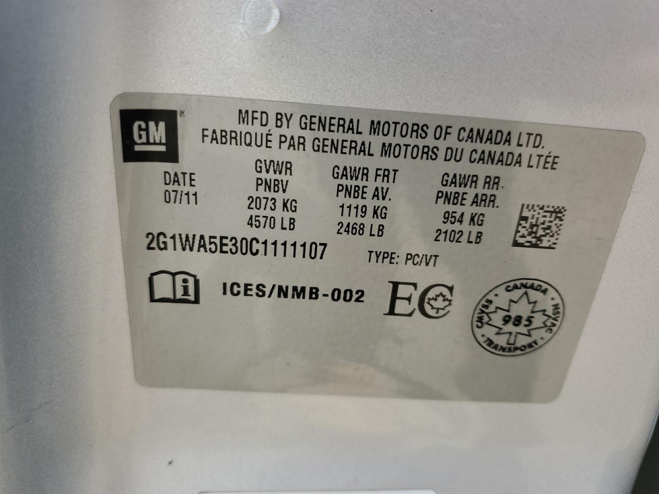 2G1WA5E30C1111107 2012 Chevrolet Impala Ls