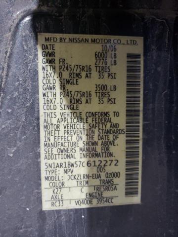 2007 Nissan Pathfinder Le VIN: 5N1AR18W57C612272 Lot: 56952454