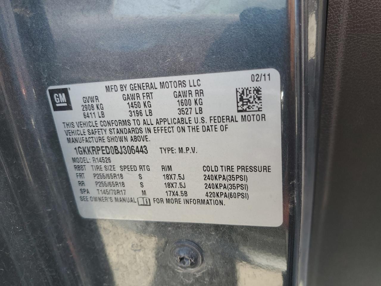 1GKKRPED0BJ306443 2011 GMC Acadia Sle