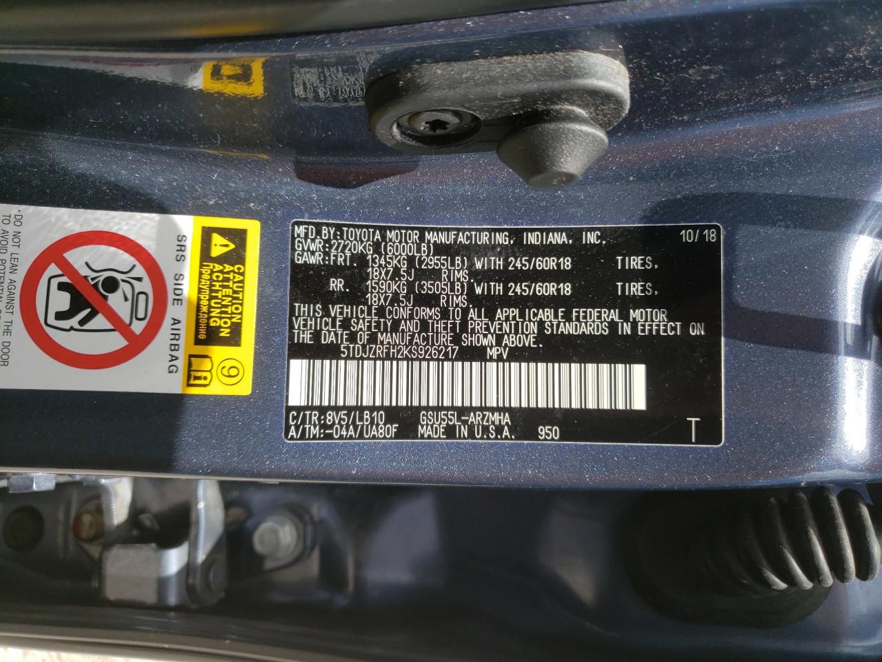 5TDJZRFH2KS926217 2019 Toyota Highlander Se