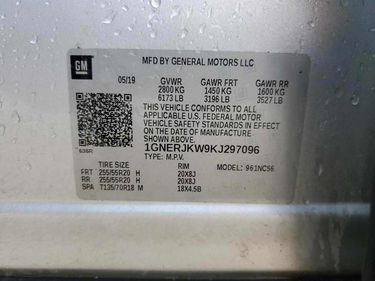 1GNERJKW9KJ297096 2019 Chevrolet Traverse Rs