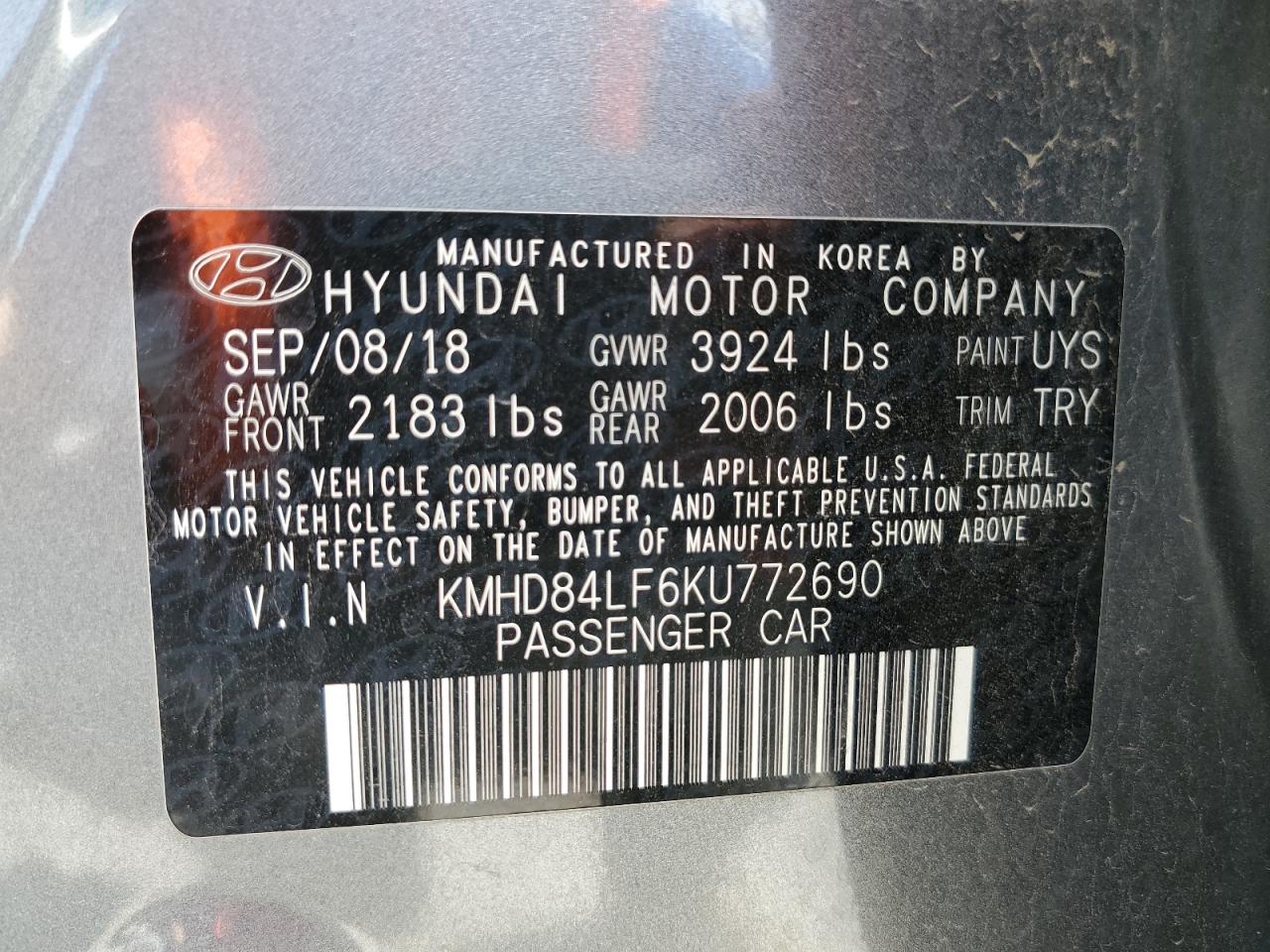 KMHD84LF6KU772690 2019 Hyundai Elantra Sel