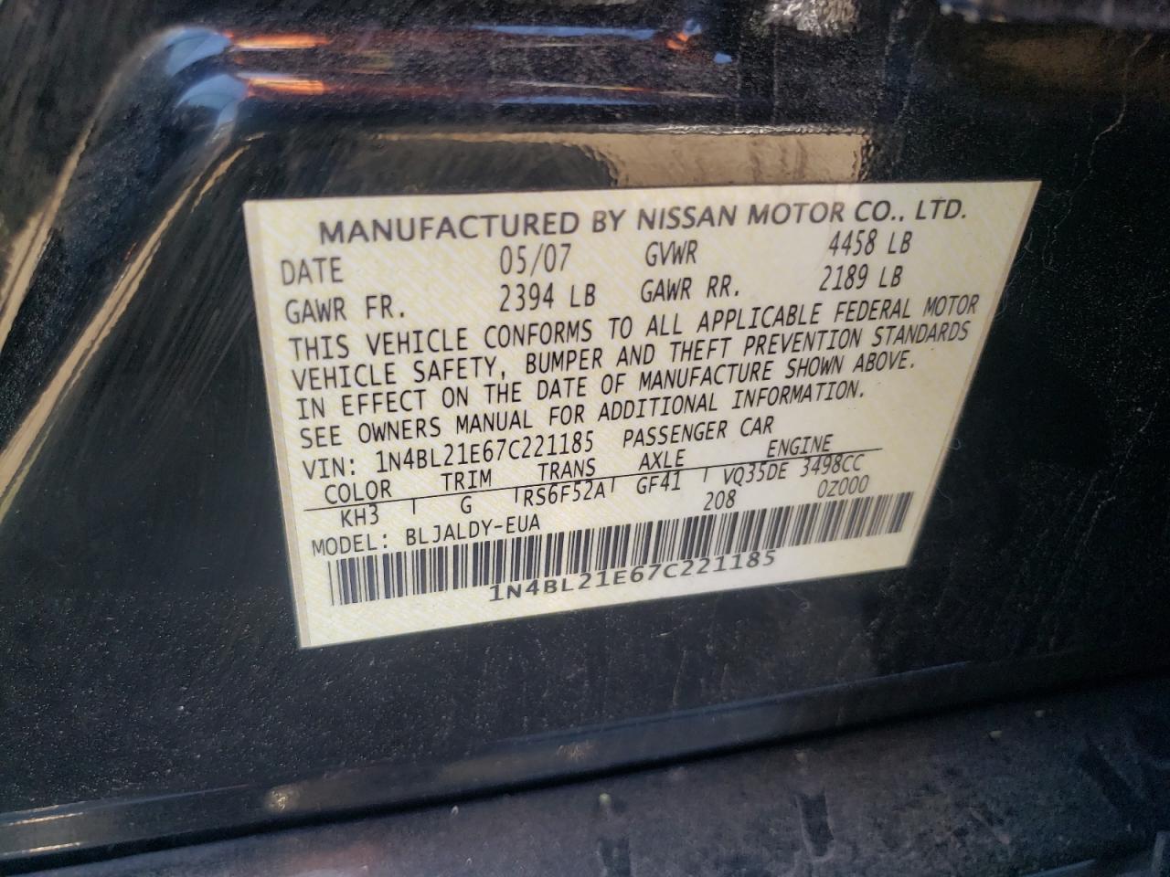 1N4BL21E67C221185 2007 Nissan Altima 3.5Se