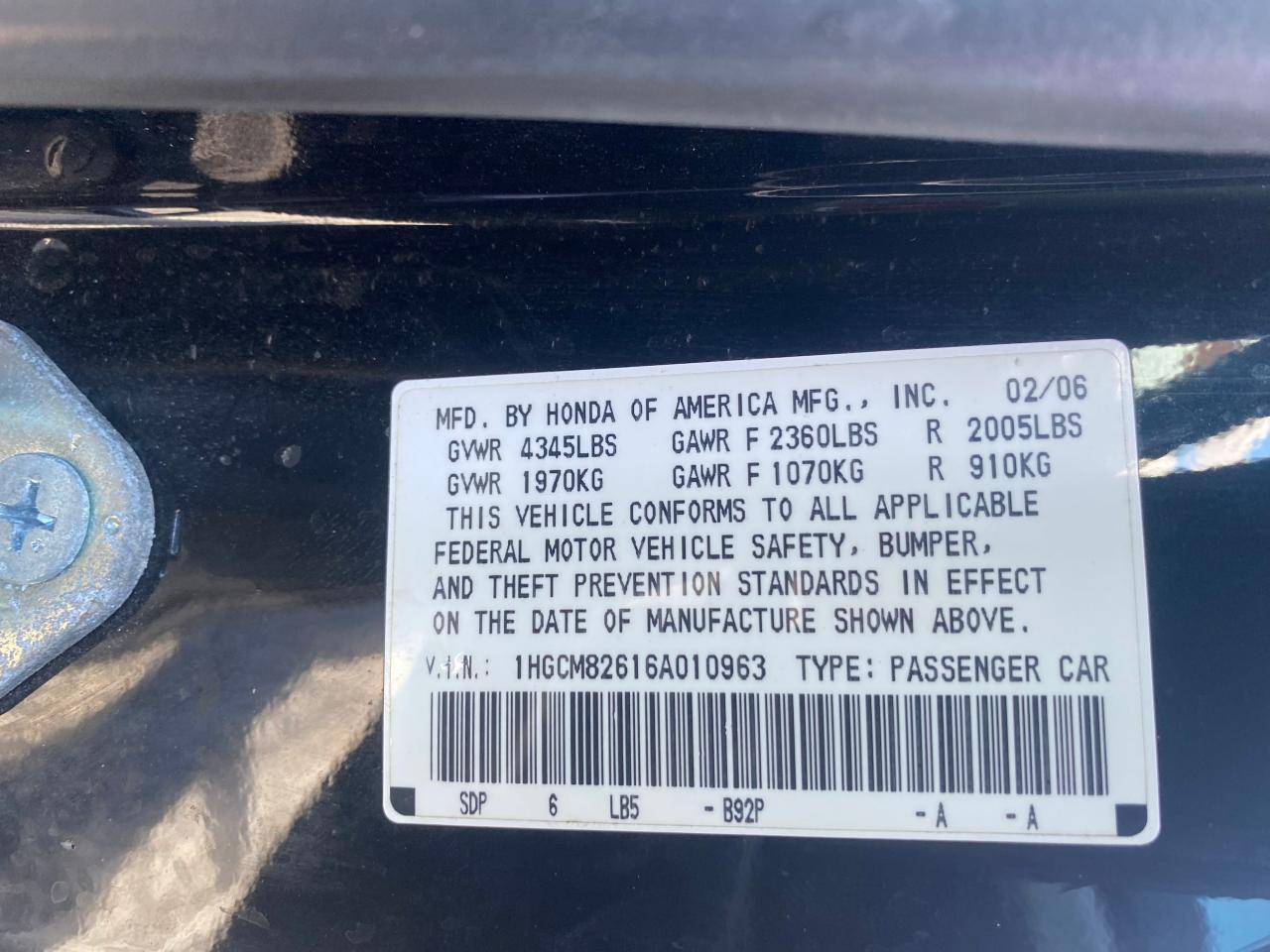 1HGCM82616A010963 2006 Honda Accord Ex