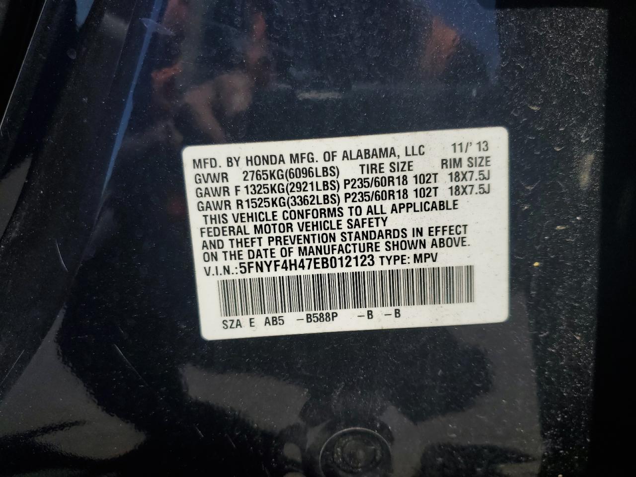 5FNYF4H47EB012123 2014 Honda Pilot Ex