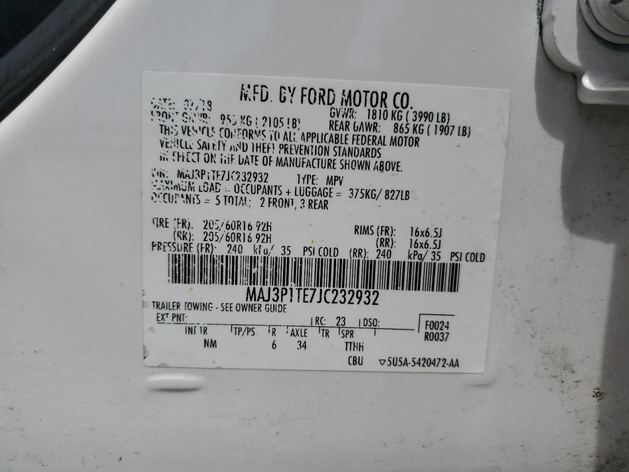 MAJ3P1TE7JC232932 2018 Ford Ecosport Se