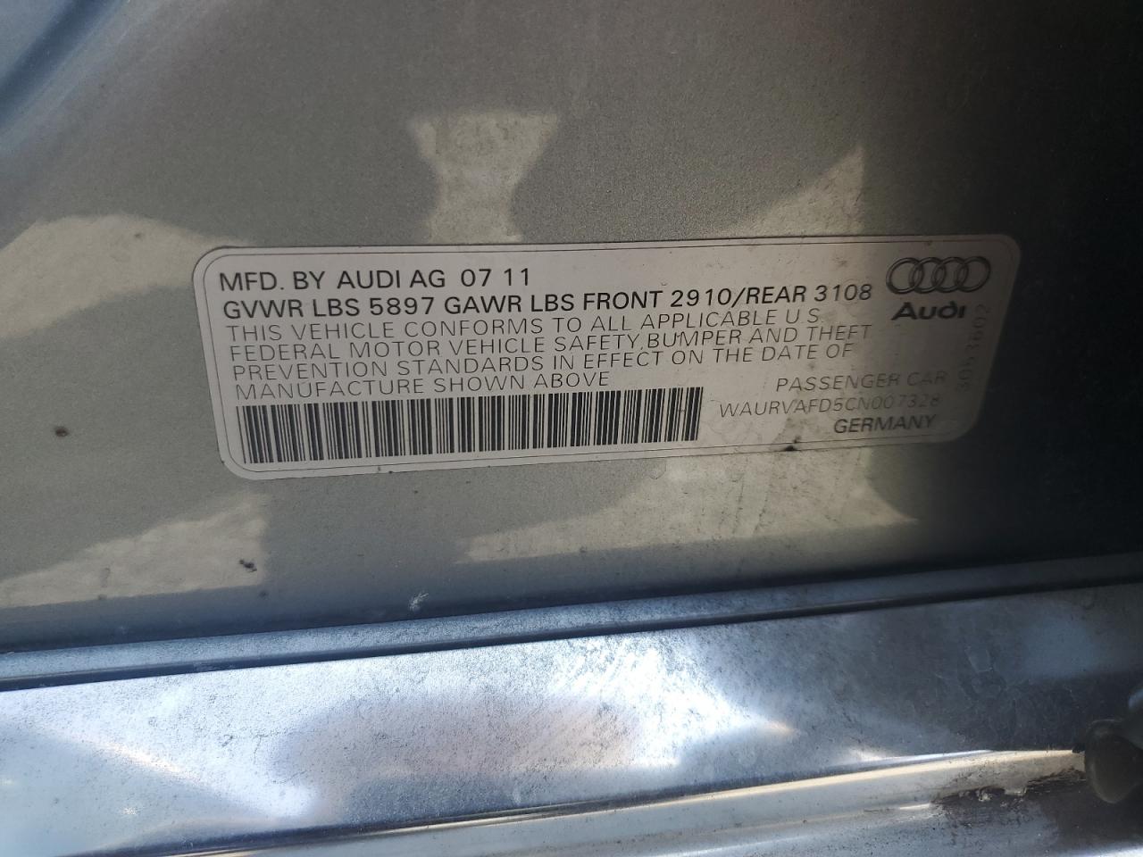 WAURVAFD5CN007328 2012 Audi A8 L Quattro