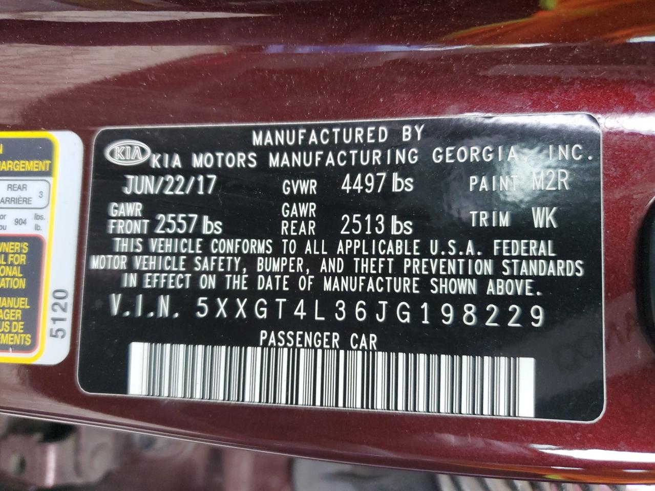 5XXGT4L36JG198229 2018 Kia Optima Lx