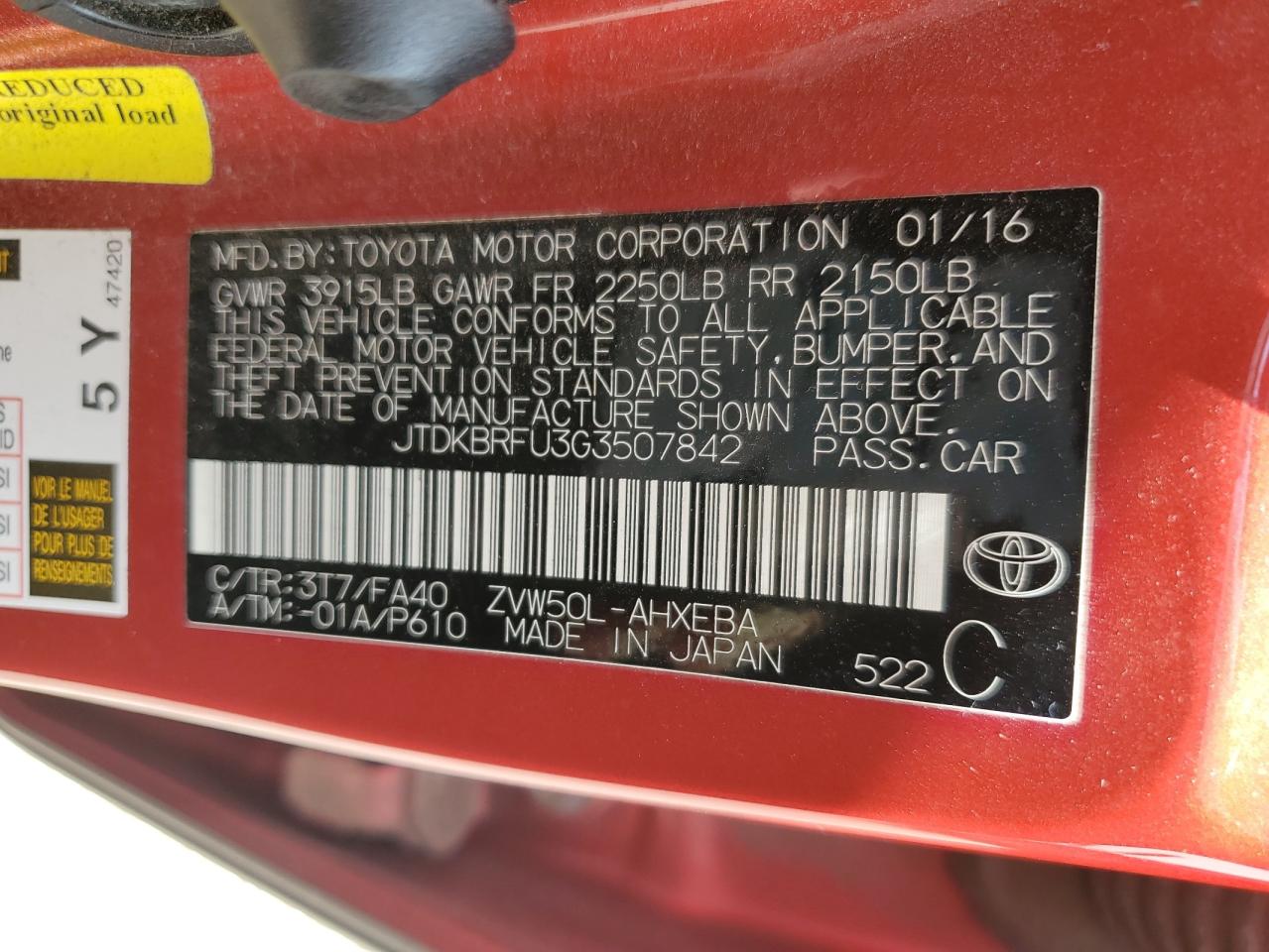 JTDKBRFU3G3507842 2016 Toyota Prius