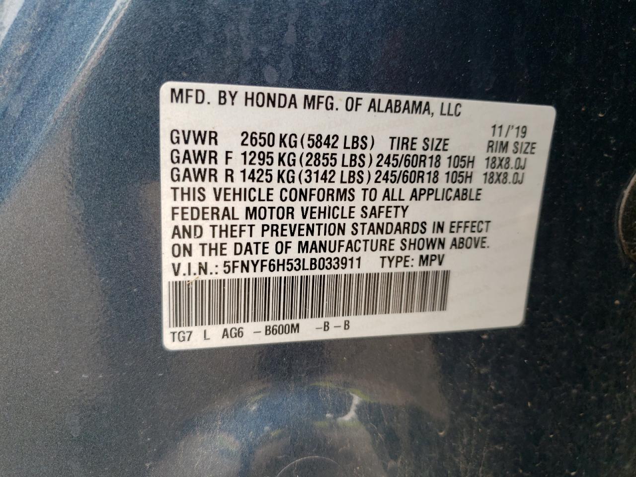 5FNYF6H53LB033911 2020 Honda Pilot Exl