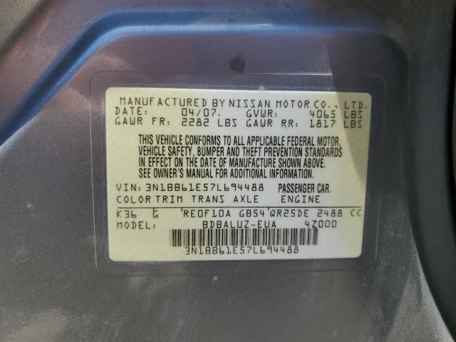 2007 Nissan Sentra Se-R VIN: 3N1BB61E57L694488 Lot: 59319614