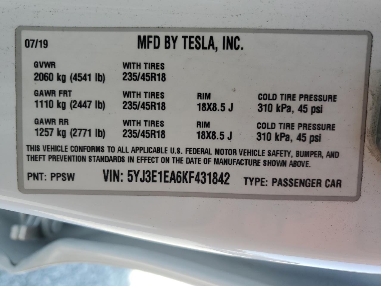 5YJ3E1EA6KF431842 2019 Tesla Model 3