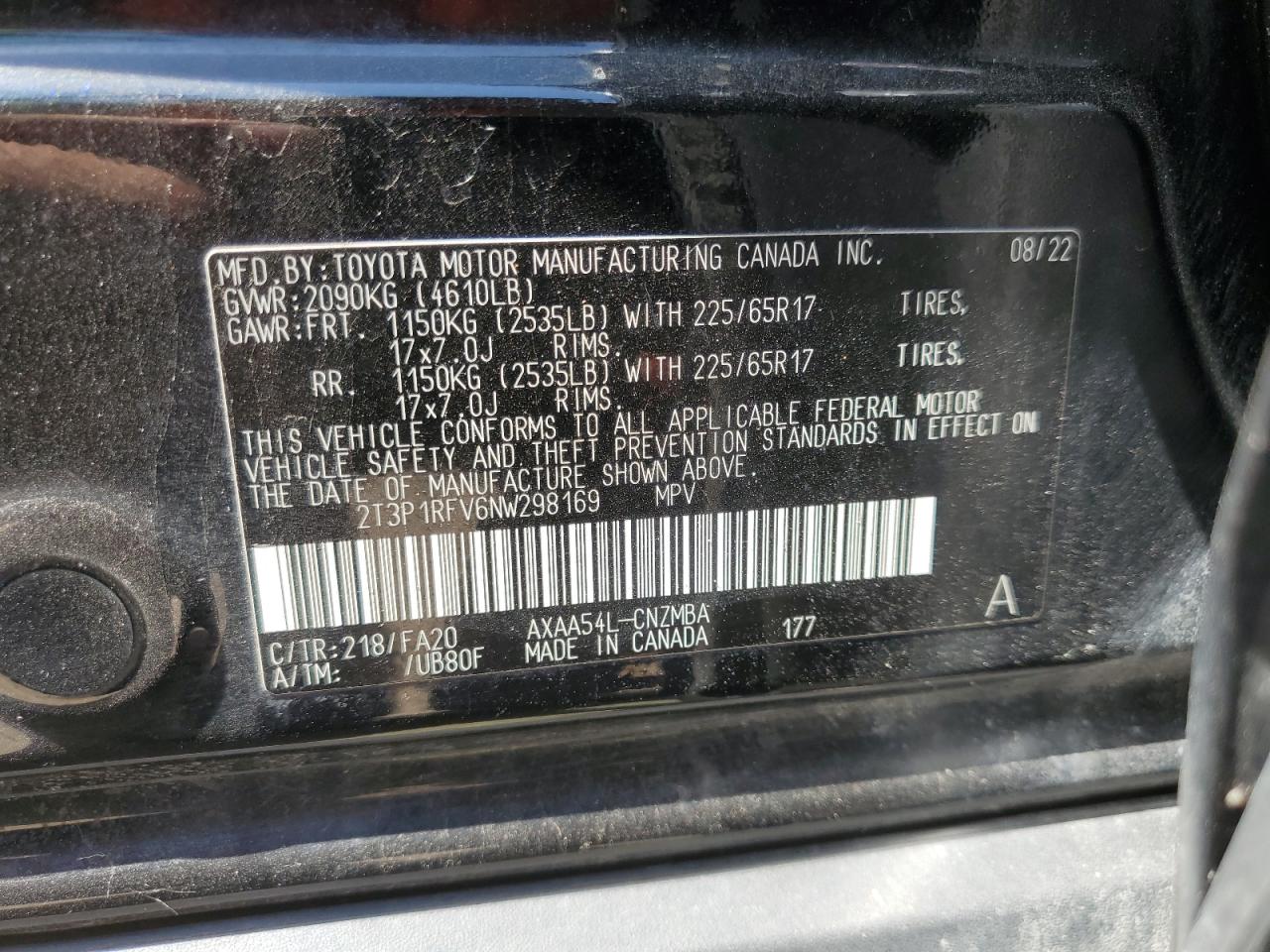 2T3P1RFV6NW298169 2022 Toyota Rav4 Xle