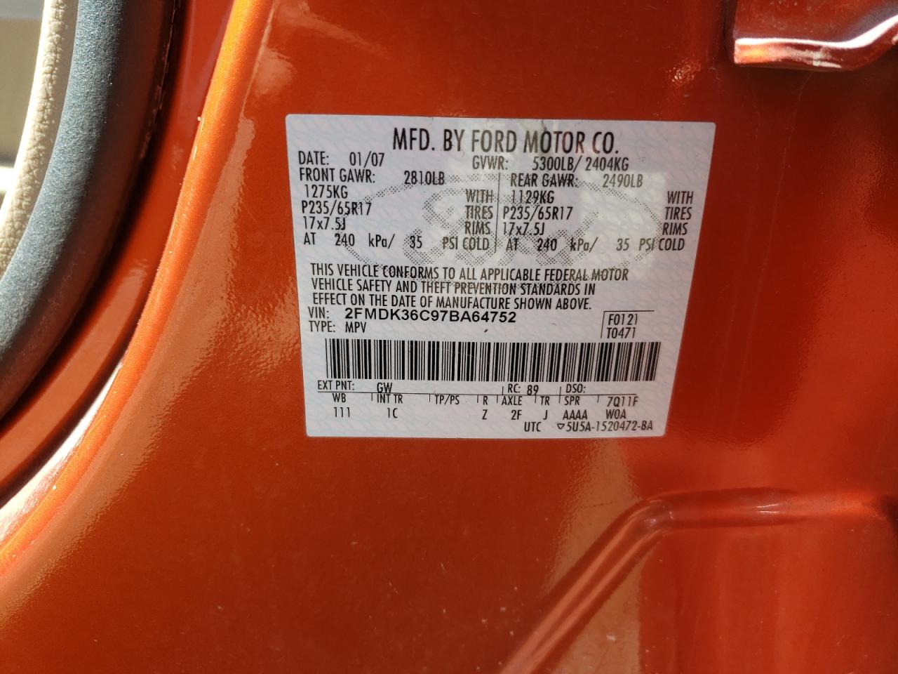 2FMDK36C97BA64752 2007 Ford Edge Se