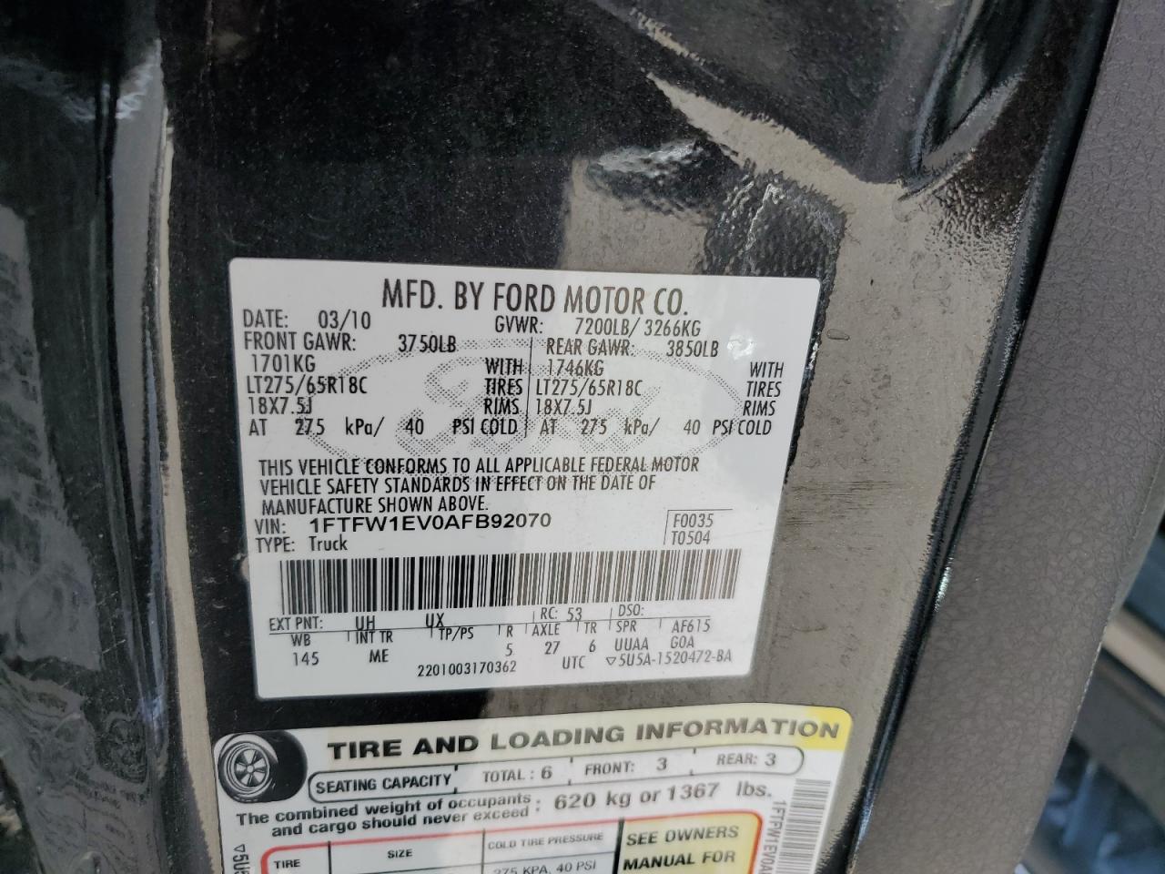 1FTFW1EV0AFB92070 2010 Ford F150 Supercrew