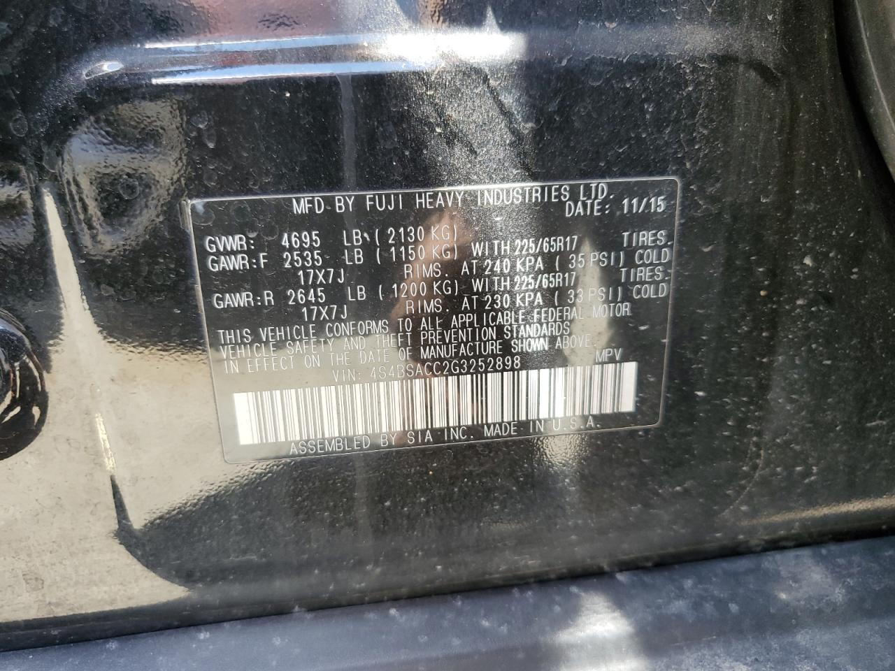 4S4BSACC2G3252898 2016 Subaru Outback 2.5I Premium