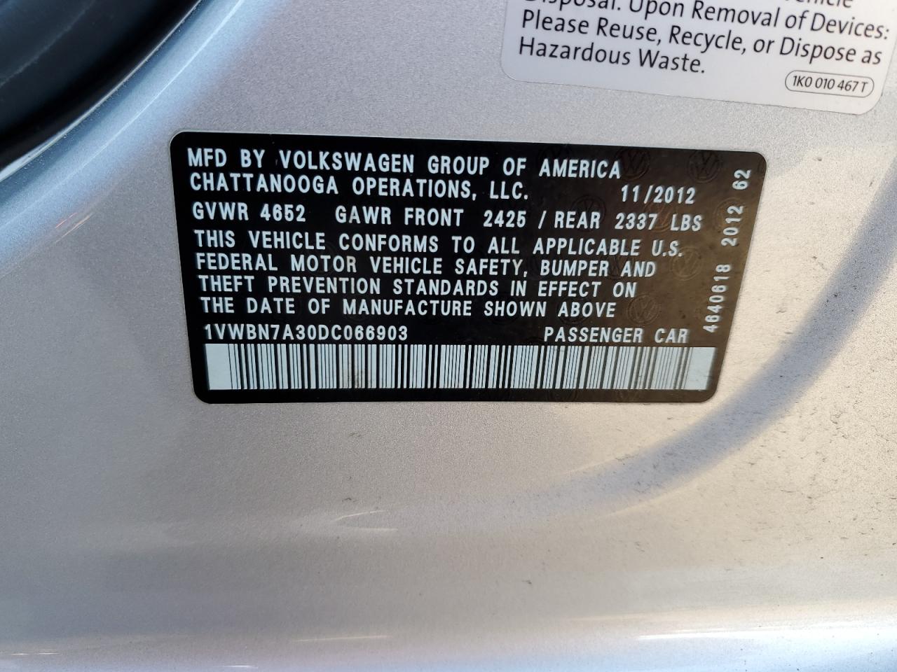 1VWBN7A30DC066903 2013 Volkswagen Passat Se