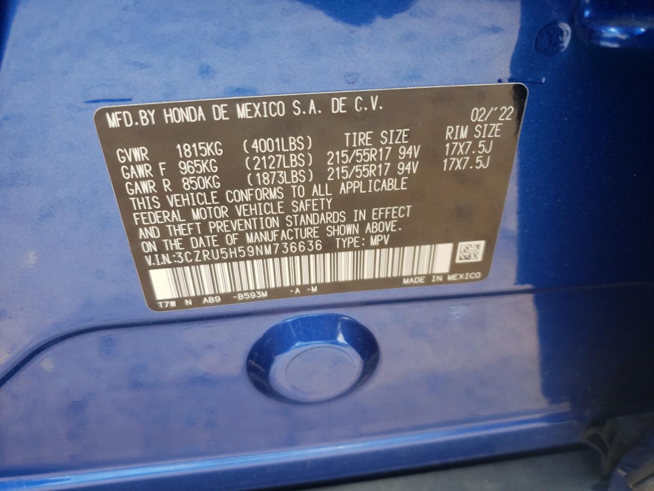 3CZRU5H59NM736636 2022 Honda Hr-V Ex