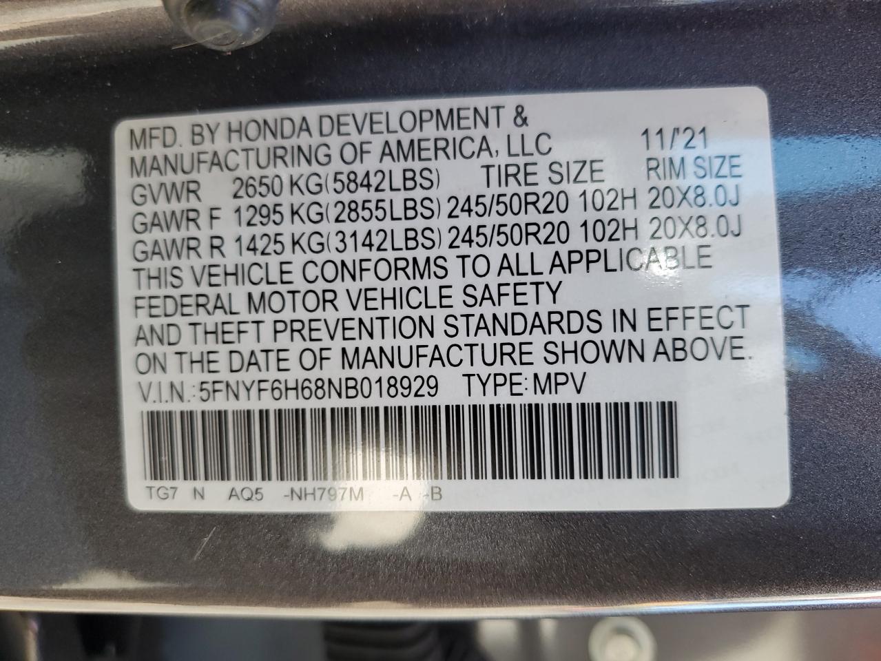 5FNYF6H68NB018929 2022 Honda Pilot Touring