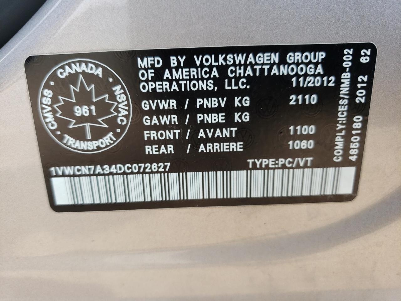 1VWCN7A34DC072627 2013 Volkswagen Passat Sel