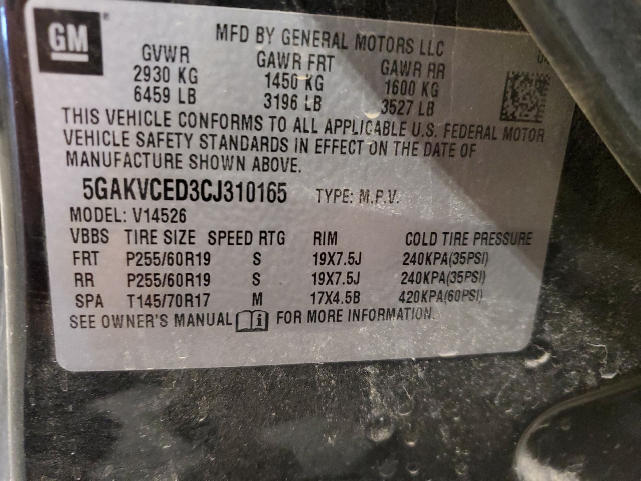 5GAKVCED3CJ310165 2012 Buick Enclave