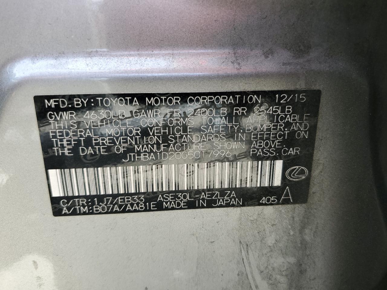 JTHBA1D20G5017996 2016 Lexus Is 200T