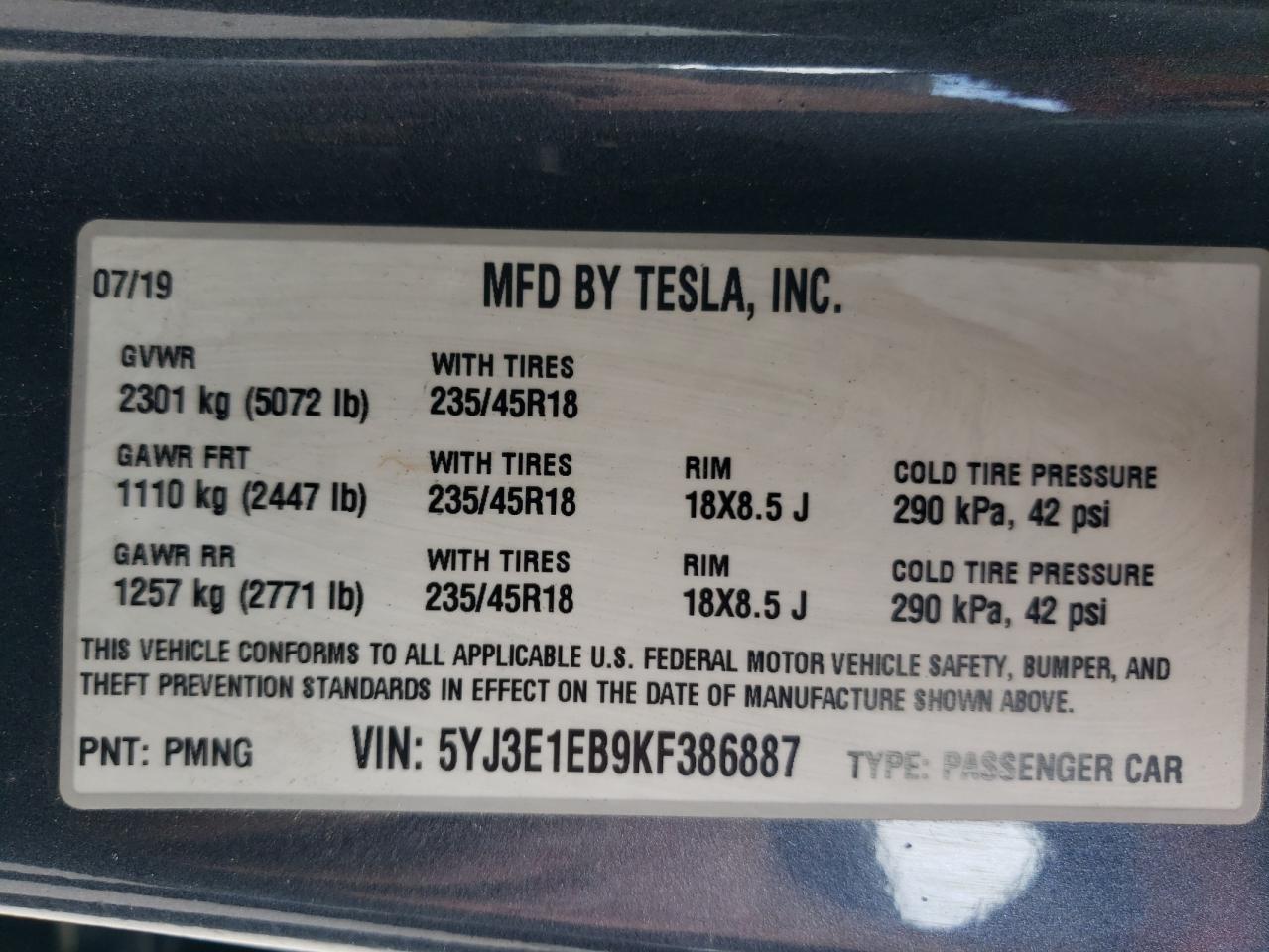 5YJ3E1EB9KF386887 2019 Tesla Model 3