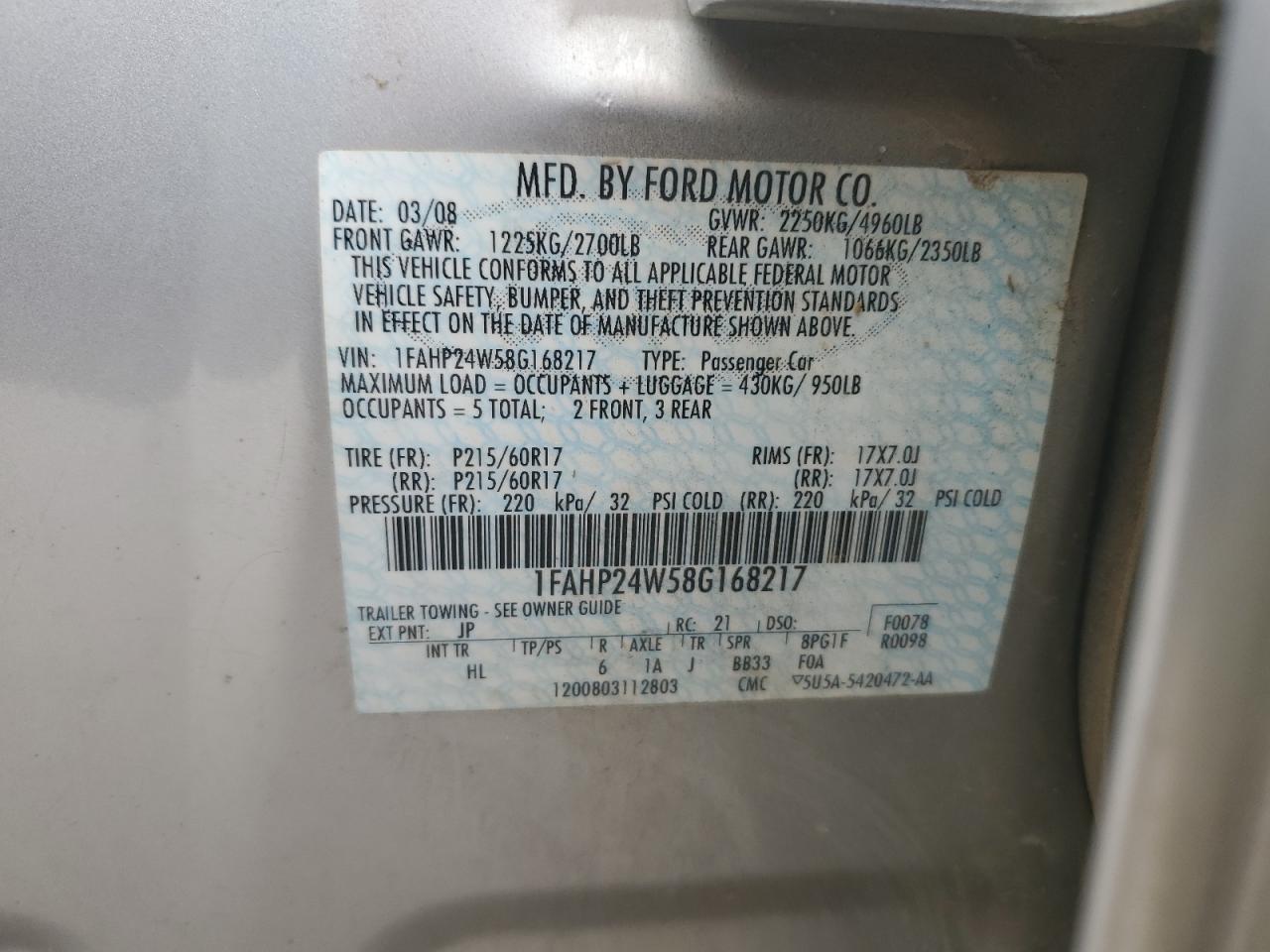 1FAHP24W58G168217 2008 Ford Taurus Sel