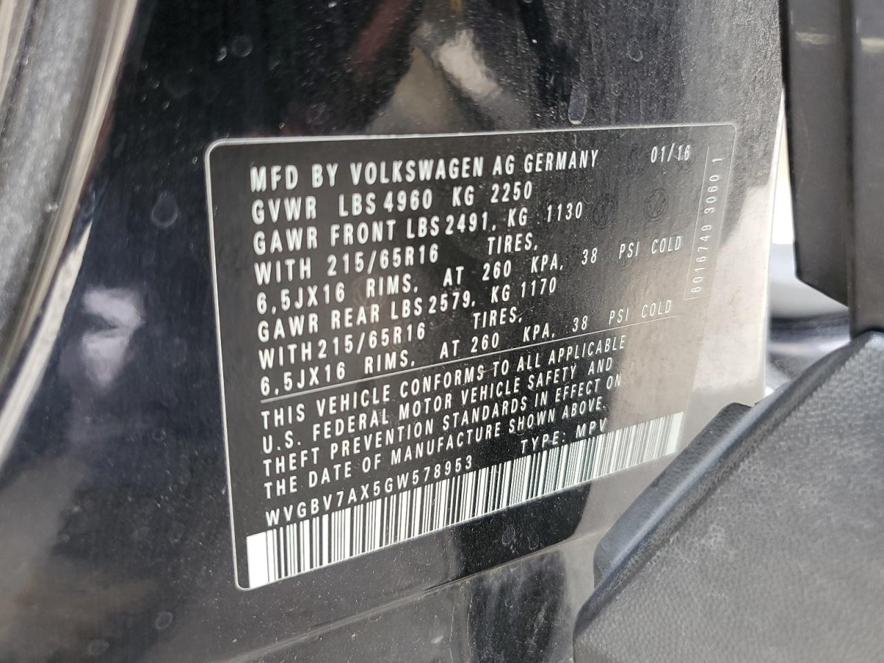 WVGBV7AX5GW578953 2016 Volkswagen Tiguan S