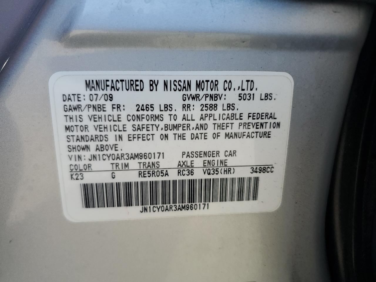 JN1CY0AR3AM960171 2010 Infiniti M35 Base