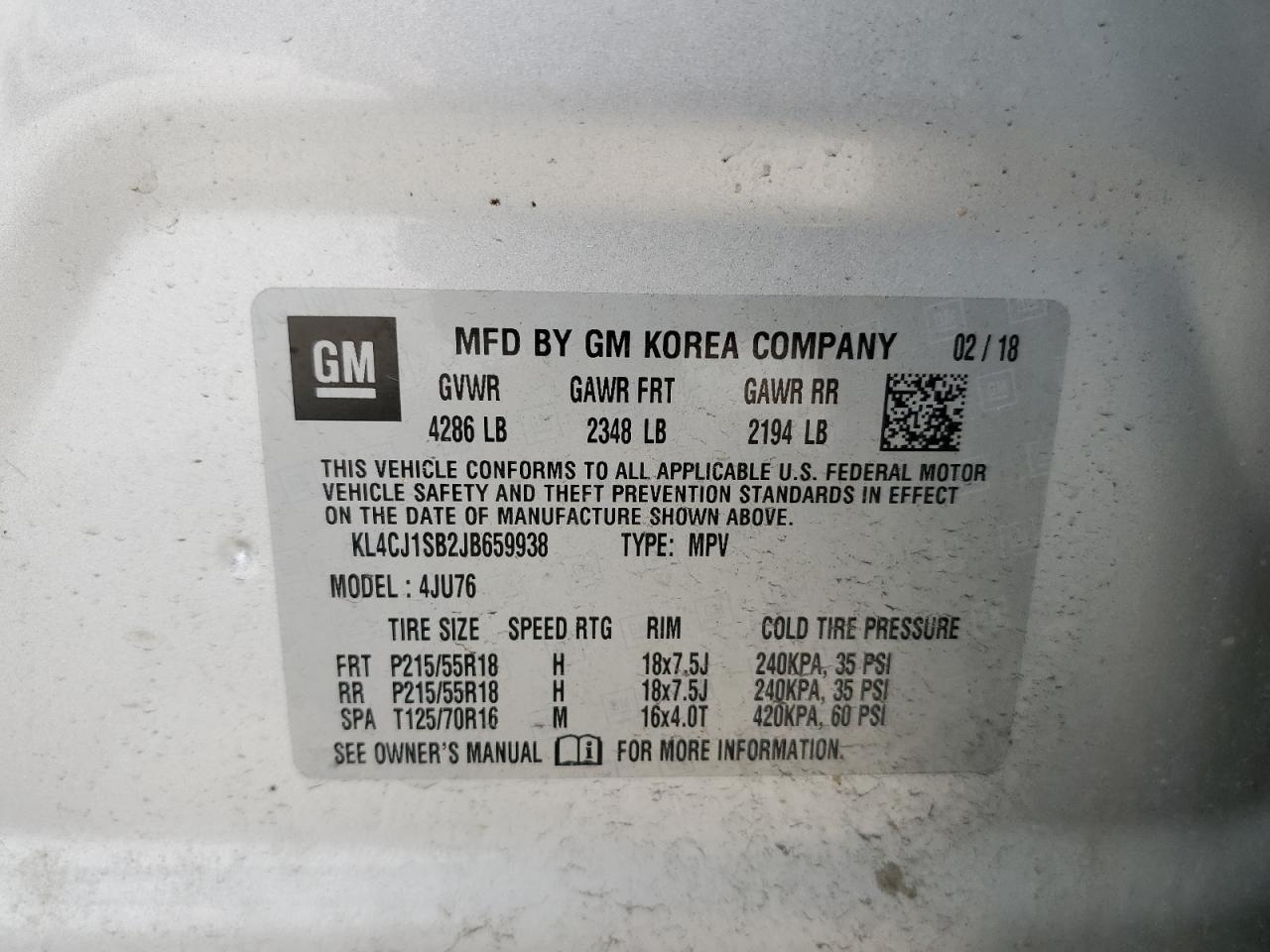 KL4CJ1SB2JB659938 2018 Buick Encore Sport Touring