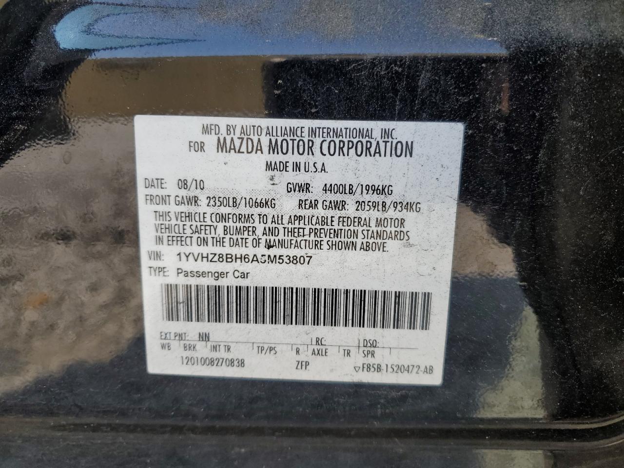 1YVHZ8BH6A5M53807 2010 Mazda 6 I