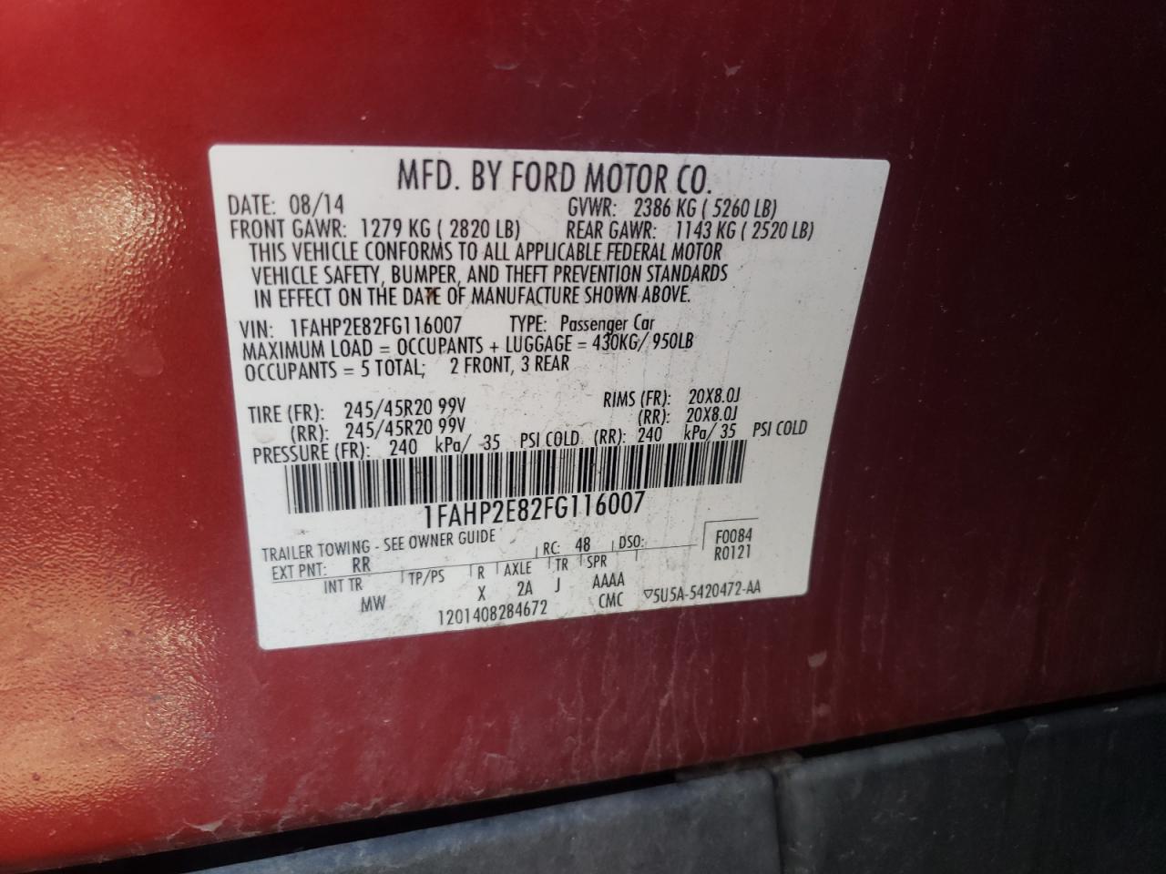 1FAHP2E82FG116007 2015 Ford Taurus Sel