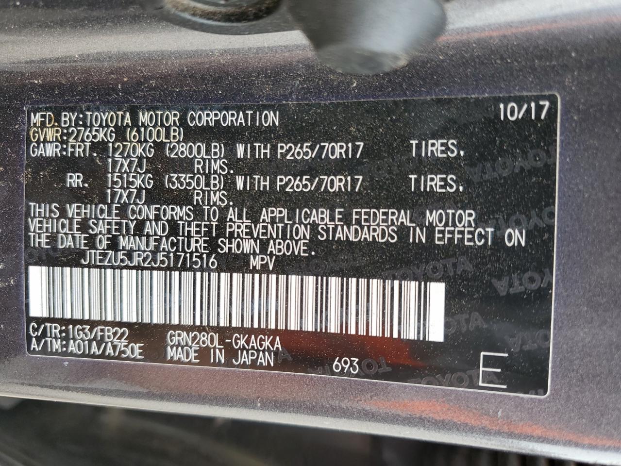 JTEZU5JR2J5171516 TOYOTA 4RUNNER 2018