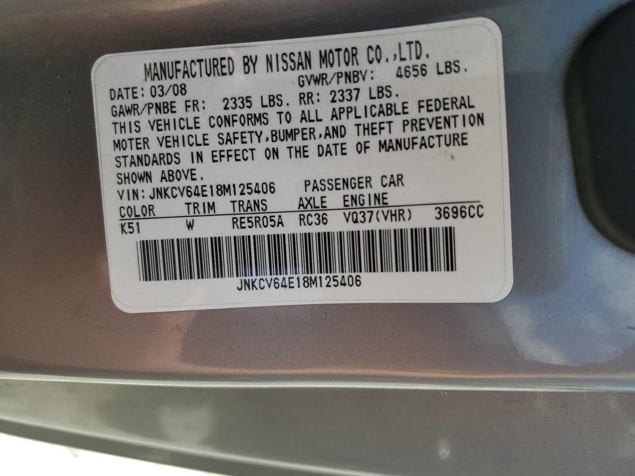 JNKCV64E18M125406 2008 Infiniti G37 Base