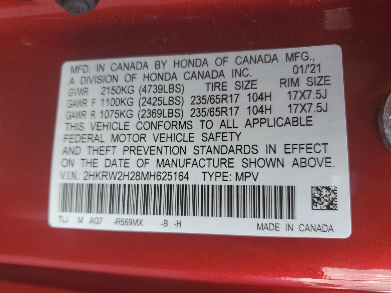 2HKRW2H28MH625164 HONDA CRV 2021