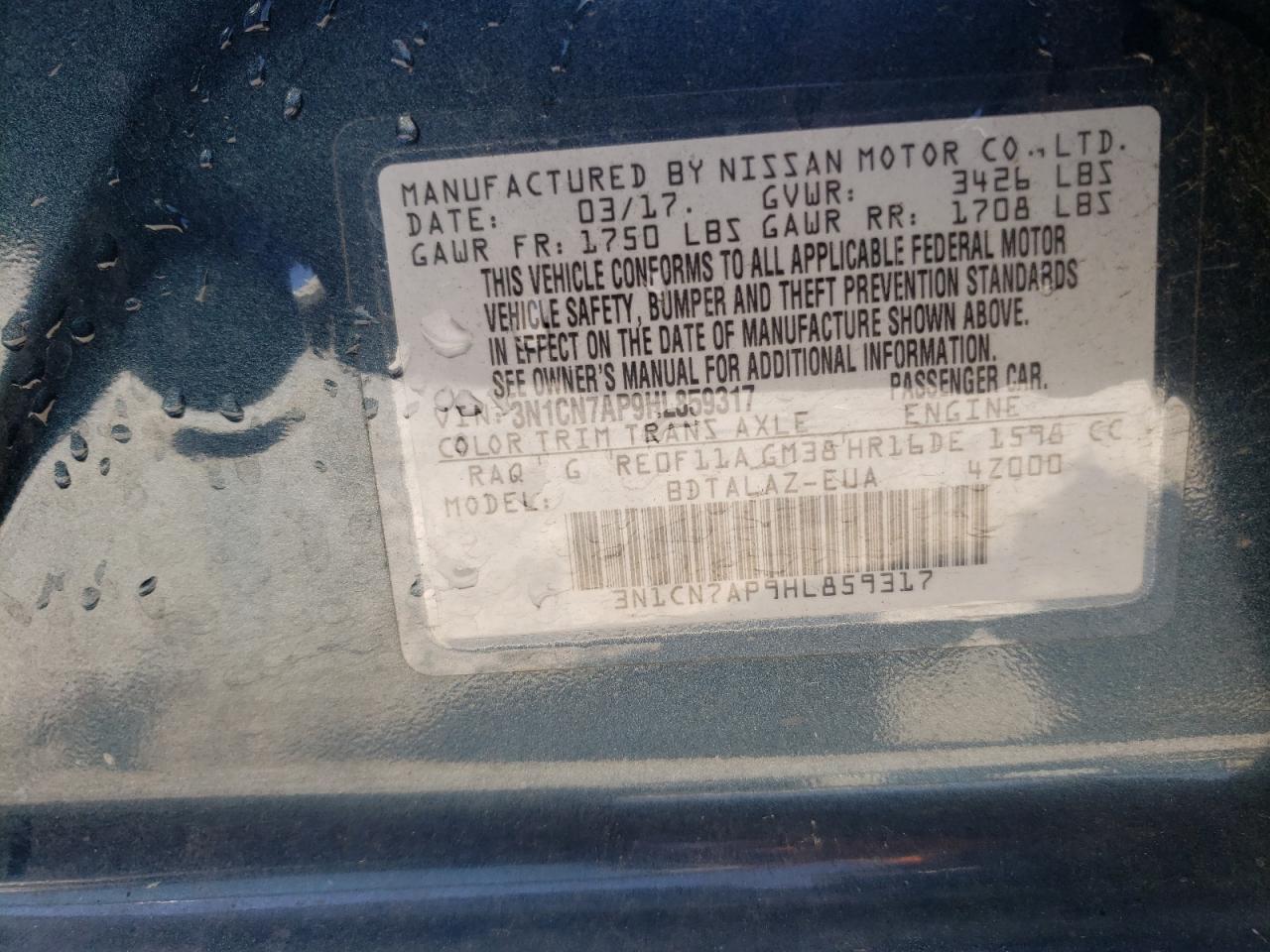 3N1CN7AP9HL859317 NISSAN VERSA 2017