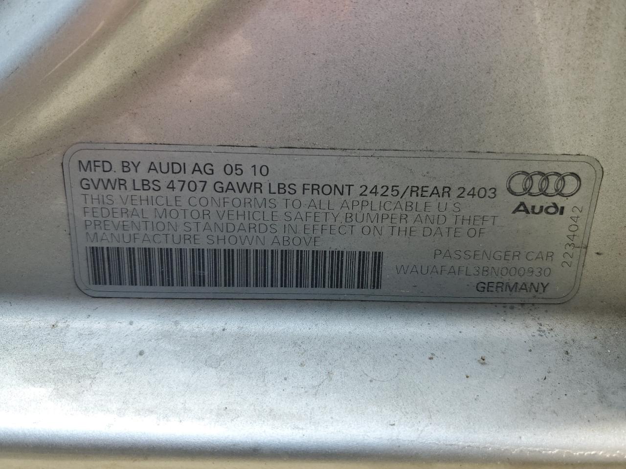 WAUAFAFL3BN000930 2011 Audi A4 Premium