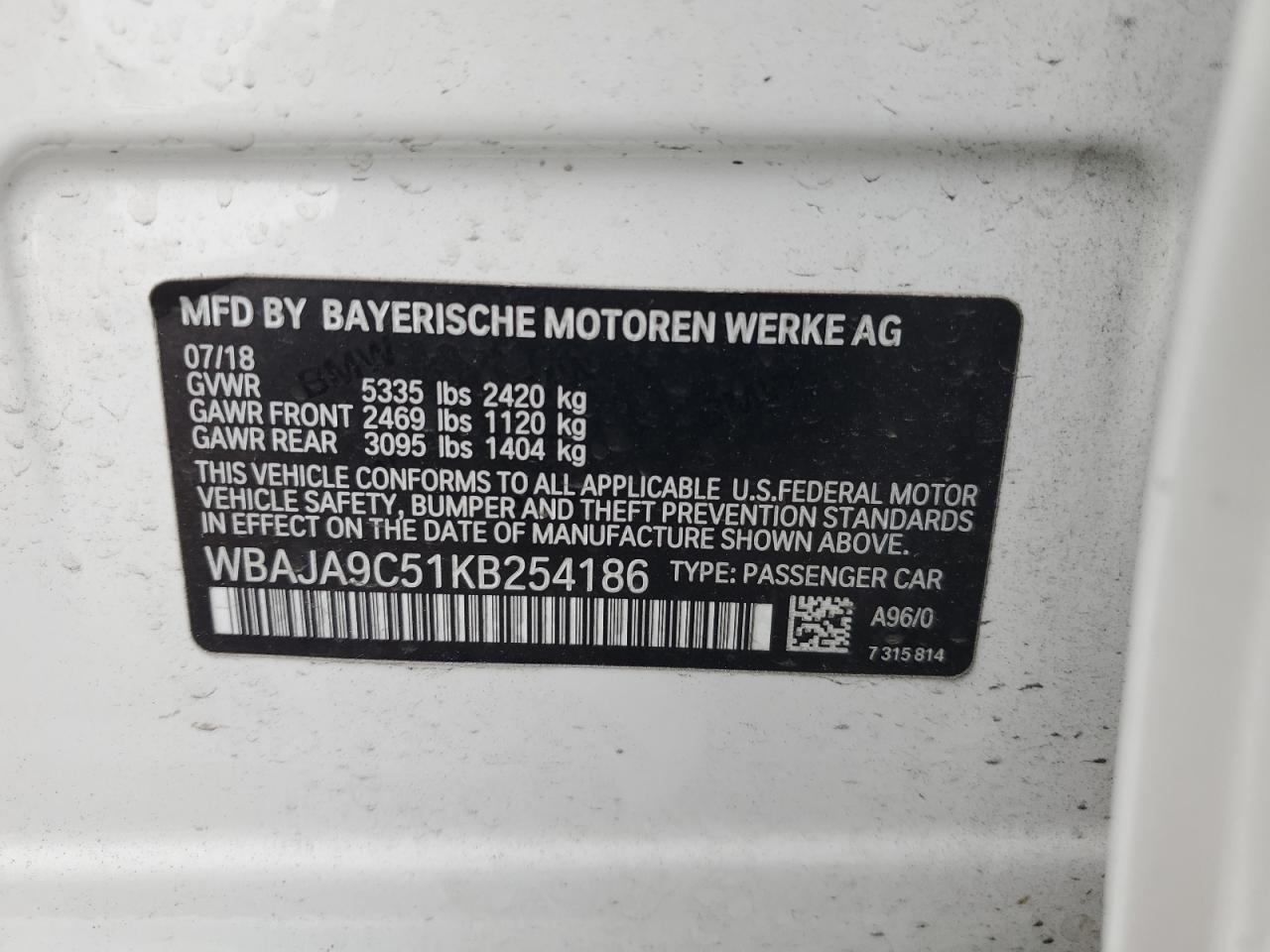 WBAJA9C51KB254186 2019 BMW 530E