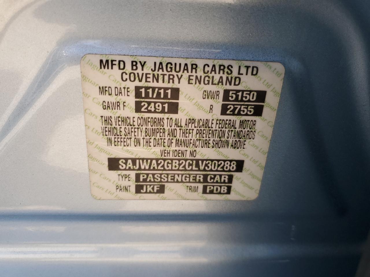 SAJWA2GB2CLV30288 2012 Jaguar Xjl