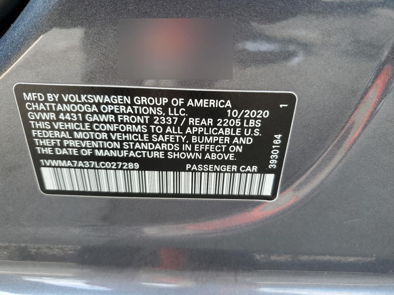 1VWMA7A37LC027289 2020 Volkswagen Passat R-Line