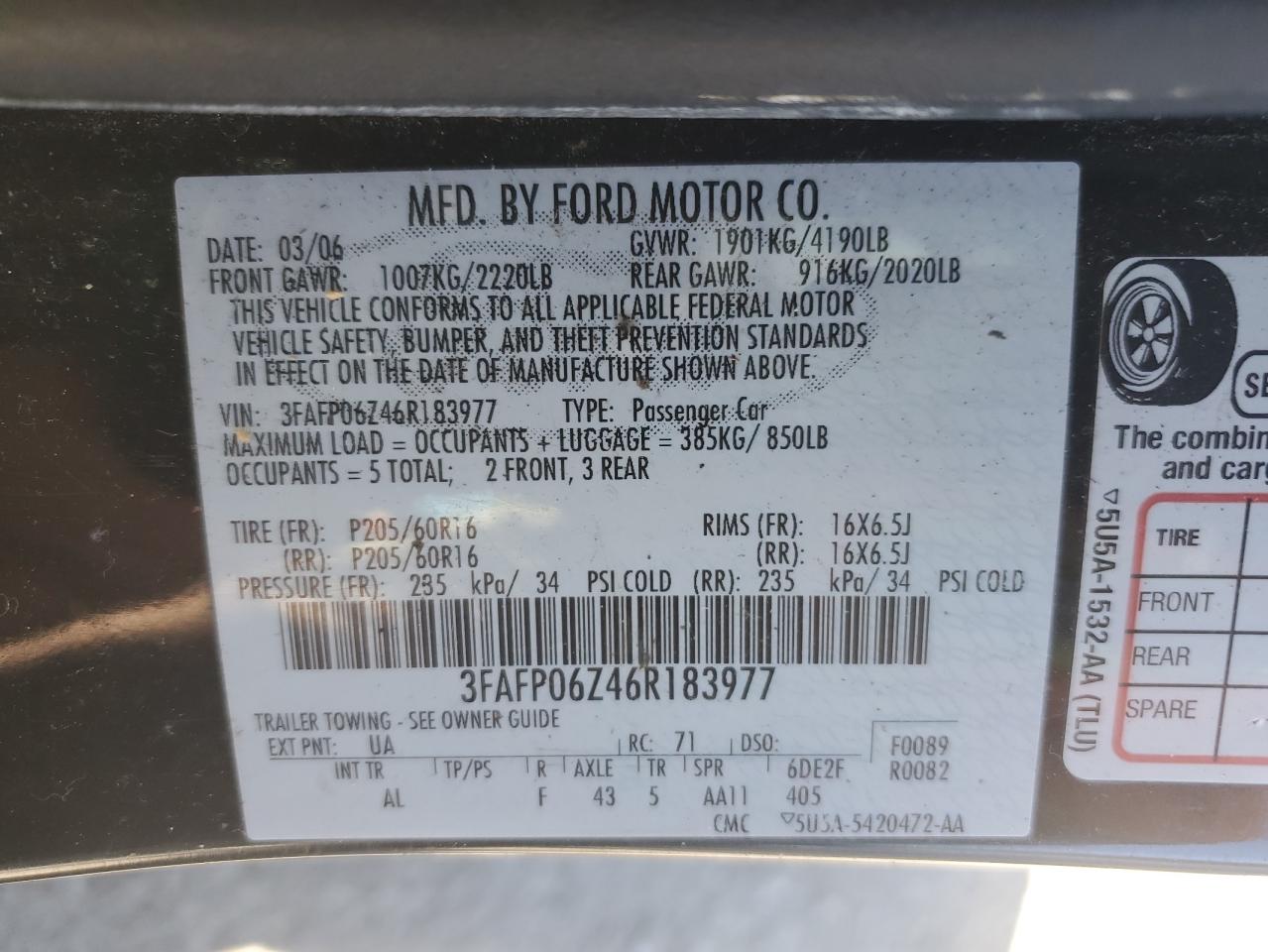 3FAFP06Z46R183977 2006 Ford Fusion S