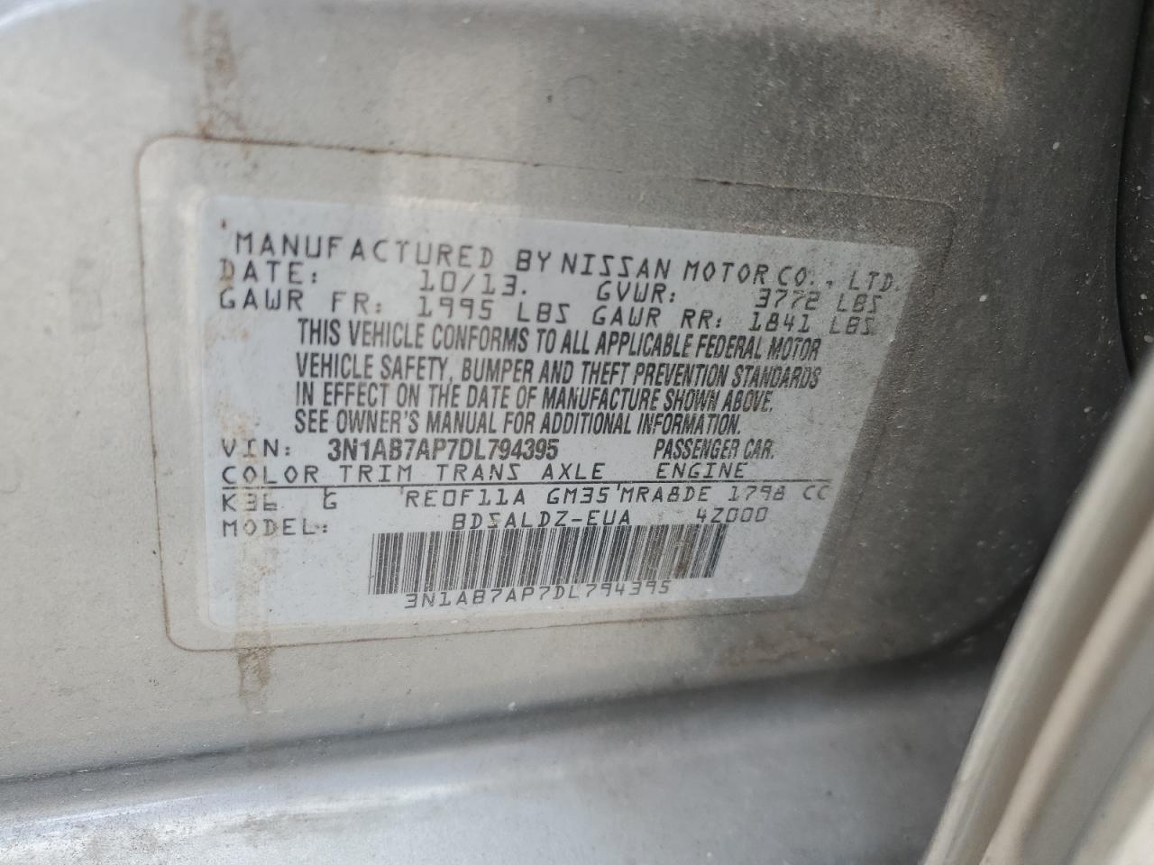 3N1AB7AP7DL794395 2013 Nissan Sentra S