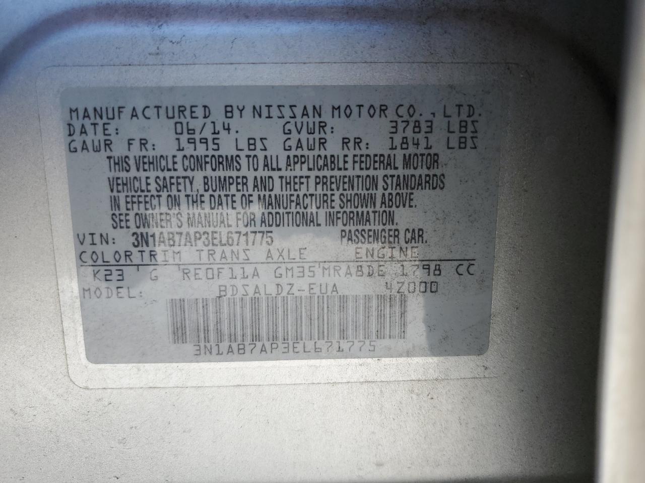 3N1AB7AP3EL671775 2014 Nissan Sentra S