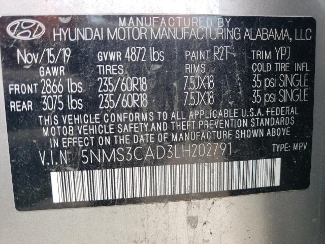 2020 Hyundai Santa Fe Sel VIN: 5NMS3CAD3LH202791 Lot: 60601704